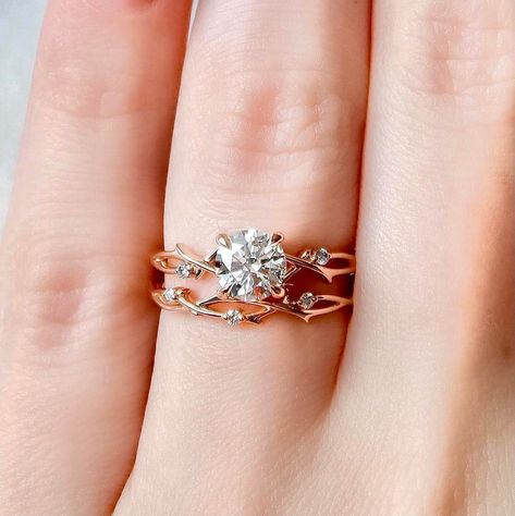 Dainty Twig Engagement Set Rose Gold Branch Bridal Set | Etsy Twig Engagement Ring Set, Twig Engagement Ring, Detailed Engagement Ring, Half Eternity Wedding Band, Zierlicher Ring, Engagement Sets, Bridal Engagement Rings, Diamond Ring Settings, Bridal Bands