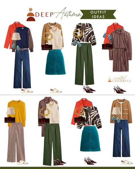 Created Colorful Deep Autumn, Deep Autumn Color Palette Capsule Wardrobe, Soft Gamine Fall Outfits, Capsule Wardrobe Autumn Color Palettes, Deep Autumn Color Palette Clothes, Capsule Wardrobe Deep Autumn, Jewel Tone Color Palette Clothing, Colorful Capsule Wardrobe 2023, Deep Autumn Palette Outfits