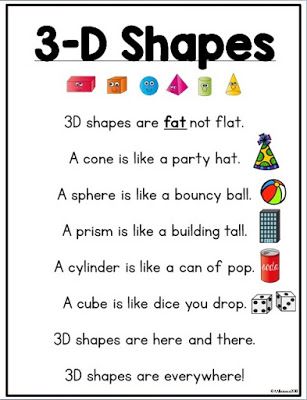 3-D Shapes Poem (via Mrs. Albanese's Kindergarten Class) Teaching 2d And 3d Shapes Kindergarten, Shapes In Kindergarten, Teaching 3d Shapes Kindergarten, 3d Shapes For Kindergarten, Kindergarten 3d Shapes, Teaching Shapes Kindergarten, 3d Shapes Kindergarten Activities, 2d Vs 3d Shapes Kindergarten, Hands On Shape Activities