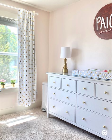 Light pink wall paint, white furniture with brushed gold accents Sherwin Williams Faint Coral, Faint Coral Sherwin Williams, Coral Sherwin Williams, Baby Girl Pink Nursery, Nursery Paint Colors, Baby Girl Pink, Nursery Paintings, Sherwin Williams Paint Colors, Pink Nursery