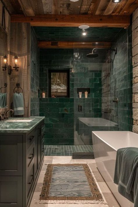 Alpine Allure green bathroom decor brings the vibrant and lush green tones of mountain landscapes into the home. This style is bold and dramatic, ideal for making a strong color statement in the bathroom. Alpine green pairs well with rustic elements like stone or wood, evoking the spirit of highland forests. This decor is perfect for those who wish to incorporate the majesty and vigor of alpine scenery into their bathroom design. Discover more Alpine Allure bathroom styles by clicking or tapping here. Forest House Bathroom, Nature Inspired Bathrooms, Rustic Green Bathroom, Green Forest Bathroom, Green And Wood Bathroom, Woodsy Bathroom, Green Bathroom Decor Ideas, Mountain Bathroom, Forest Bathroom