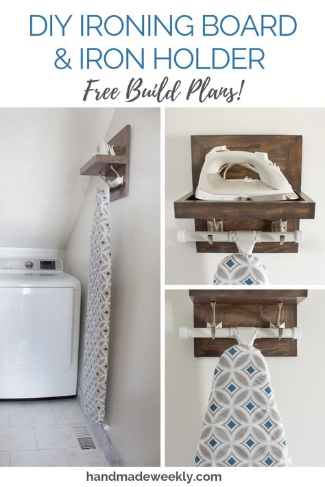 DIY Ironing board and iron holder free woodworking plans Diy Ironing Board, Dream Laundry Room, Laundry Room Renovation, Smart Tiles, Laundry Room Inspiration, Laundry Room Remodel, Iron Holder, Laundry Decor, Laundry Room Diy