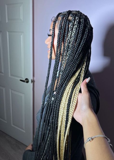 Black And 613 Knotless Braids, Plaits Hairstyles Black Natural, Red And Black Box Braids, Black And Blonde Box Braids, Peek A Boo Box Braids, Goddess Braids With Color, Plaits Hairstyles Black, Braids Ponytail Hairstyles, Birthday Braids