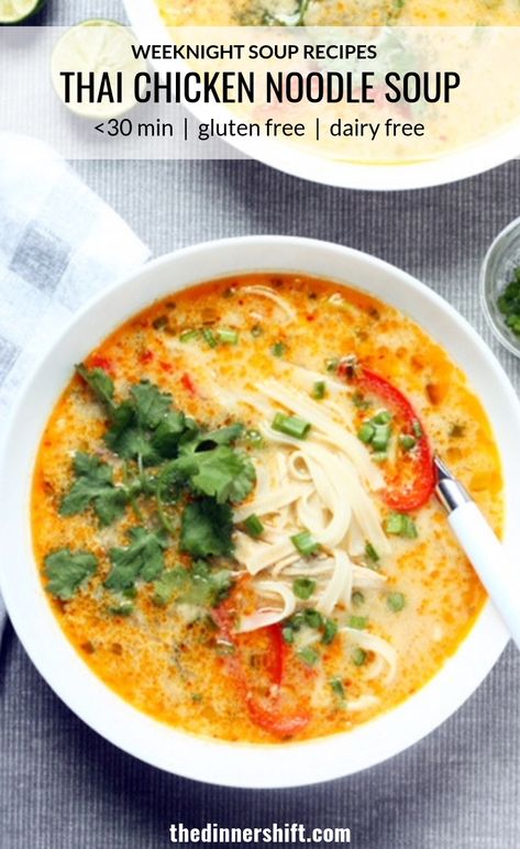 This Thai Chicken Noodle Soup is a surprising twist on the classic, and may just become a fam-fave in your house. It’s creamy, rich, and warmly spiced, thanks to coconut milk and Thai roasted red chili paste (easy to find nowadays in your grocery’s ethnic or Asian aisle). And, bonus, it comes together faster than ordering and picking up take-out. #thaichickennoodlesoup #leftoverchicken #ricenoodles #dairyfreesoup Pad Thai Soup, Recipes With Chili Paste, Thai Chilies Recipes, Thai Broth Soup, Soup Recipes Asian, Chicken Red Chili Recipes, Healthy Asian Soup Recipes, Chicken Thai Soup, Red Chili Paste Recipe