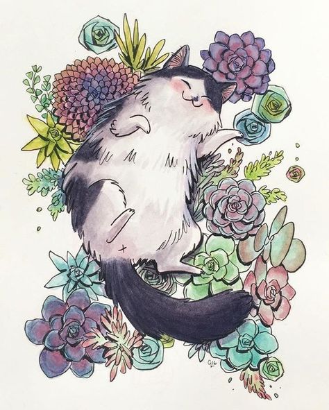 flowers n cat Art Mignon, 강아지 그림, Art Et Illustration, Cat Eyes, Cats Illustration, Art And Illustration, Cute Kittens, Fantasy Illustration, Drawing Tutorials