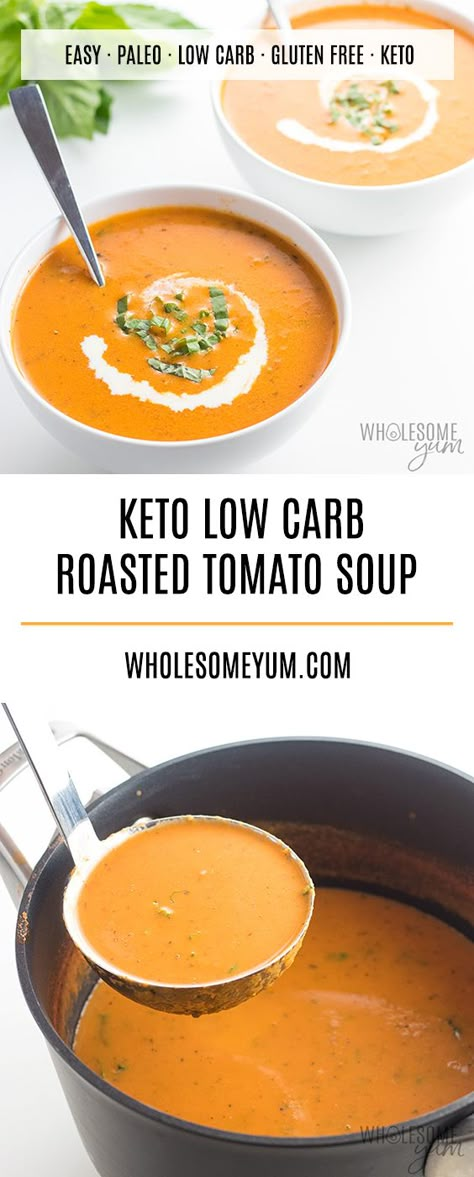 Keto Low Carb Roasted Tomato Soup Recipe with Fresh Tomatoes - This easy low carb tomato soup recipe is bursting with roasted tomatoes & fresh basil. Who knew keto roasted tomato soup could be so delicious? There's a paleo option, too. Low Carb Tomato Soup, Roasted Tomato Soup Recipe, Roast Tomato Soup Recipe, Roasted Tomato Basil Soup, Low Carb Soup Recipes, Fresh Tomato Recipes, Tomato Soup Recipe, Soup Appetizers, Roasted Tomato Soup