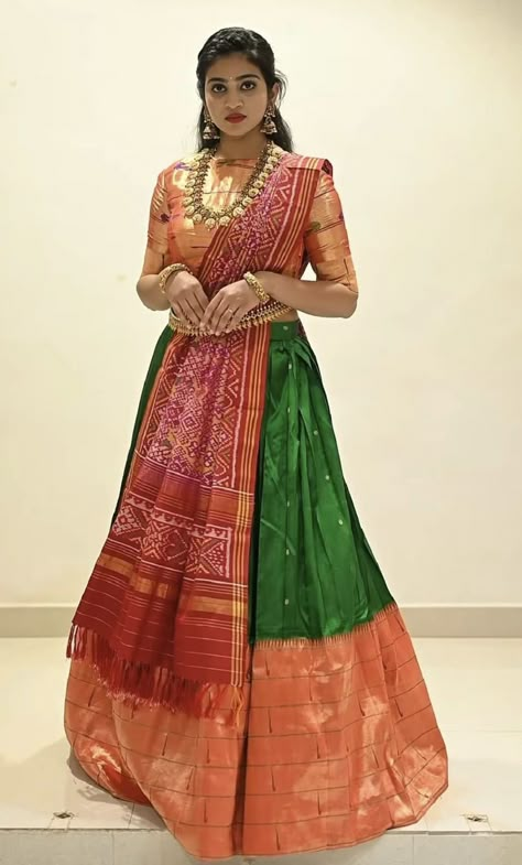 Paithani Lehangas For Women, Paithani Lehenga Half Saree, Paithani Langa Voni, Benaras Lehangas, Fancy Half Sarees, Paithani Lehenga, Lehenga Material, Saree Function, Saree Paithani