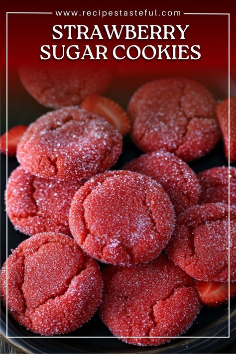 These vibrant Strawberry Sugar Cookies are soft and chewy, infused with the delicious flavor of strawberries and topped with a sparkling strawberry sugar coating. Perfect for spring and summer celebrations, these cookies are sure to impress! Strawberry Extract Cookies, Strawberry Cookie Dough, Pink Strawberry Cookies, Strawberry Oreo Cookies, Strawberry Sandwich Cookies, Cookie Recipes Fruit, Strawberry Jello Cookies, Strawberry Chocolate Cookies, Best Cookie Recipes Ever