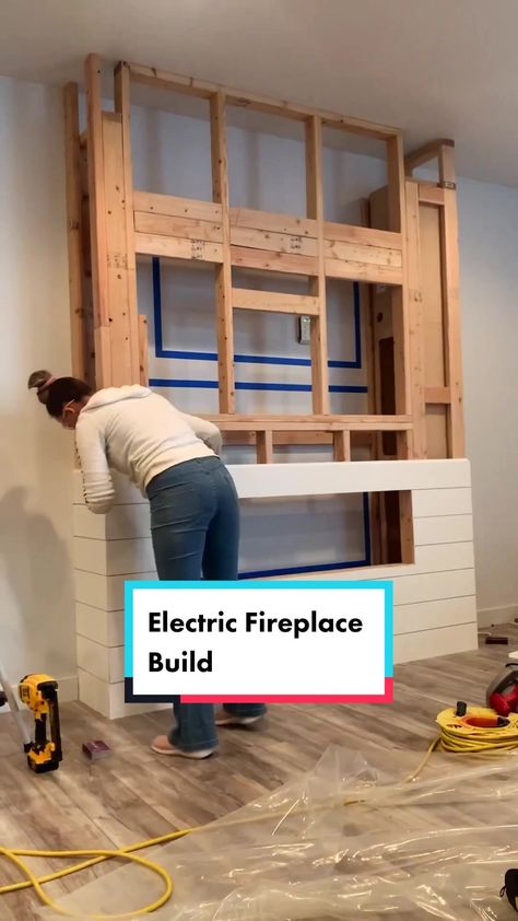 Building Fireplace Diy, Faux Mantle Electric Fireplace, Diy Entertainment Center Ideas With Fireplace, Diy Fireplace And Bookshelves, Wall Mounted Electric Fireplace Ideas Shiplap, How To Build Entertainment Center With Fireplace, Electric Fireplace Size Guide, Diy Fireplace Insert Built Ins, Electric Fireplace Dimensions