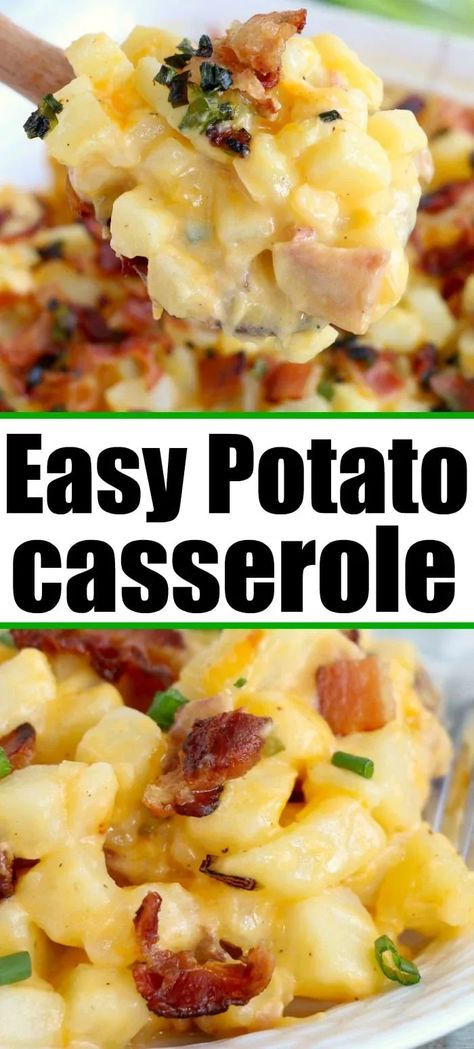 Cheesy potato casserole recipe is easy to throw together with bacon and chives too. Serve for breakfast, brunch or dinner and it will surely be a hit. Easy Potato Casserole, Potato Pizza Recipe, Bacon Potato Casserole, Apartment Recipes, Casserole Ideas, Easy Casseroles, Baked Donut, Ip Recipes, Cheesy Potato Casserole