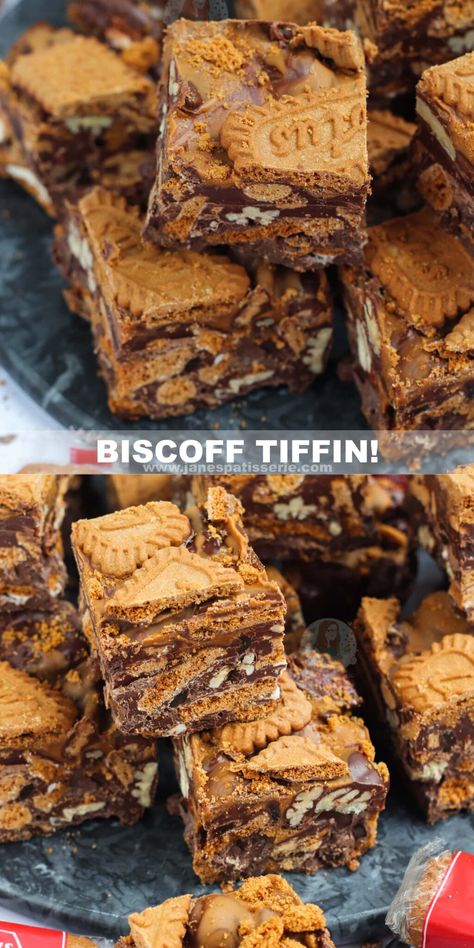 No Bake Tiffin, Biscoff Slice Recipes, Biscoff No Bake Dessert, Easy Biscoff Recipes, Tray Bakes Desserts, Sweet Tray Bake Recipes, Biscoff Dessert Recipes, Biscoff Tiffin, Biscoff Slice