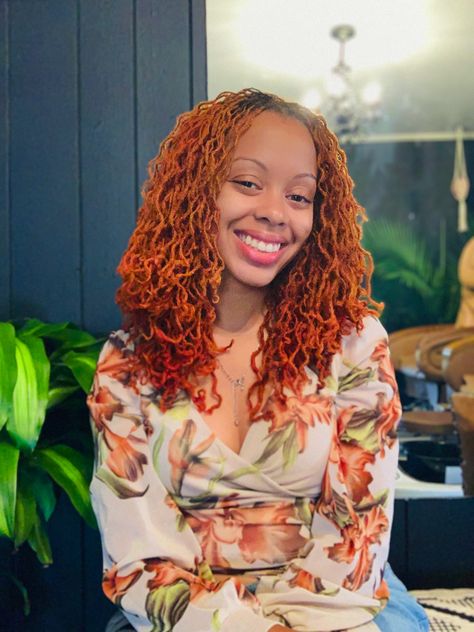 Ginger Color Locs, Fall Hair Color Locs, Ginger Ombre Locs Black Women, Ginger Micro Braids, Peach Locs, Ginger Colored Microlocs, Ginger Microlocs, Ginger Colored Locs Black Women, Burnt Orange Locs Black Women