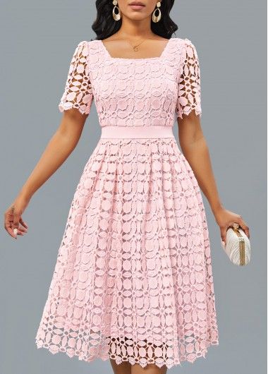 Patchwork Light Pink Short Sleeve Square Neck Dress Simple Long Dress, Dress Swimwear, Chiffon Shift Dress, Light Pink Shorts, Dress Trendy, Flowy Design, Fashion Dresses Online, Lace Outfit, Square Neck Dress