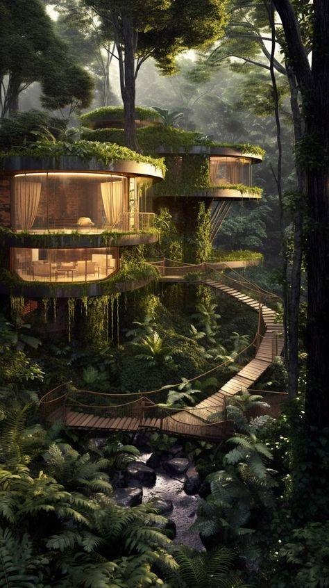 Jungle Glass House, Fantasy Jungle House, Eco Brutalism, Jungle House, Cool Tree Houses, House Design Exterior, House In Nature, Home Building Design, Forest House