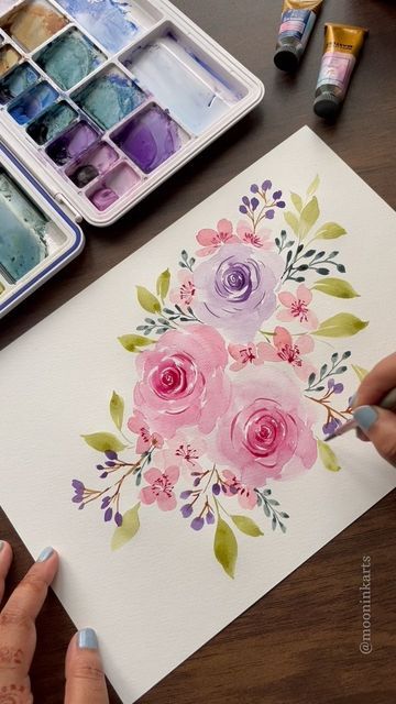 Floral Flowers Painting, Graphic Design Watercolor, Floral Gouache Painting, Watercolor Floral Design, Floral Painting Ideas, Artistic Envelopes, Flowers Watercolor Paintings, December Saturday, Rose Watercolor Painting