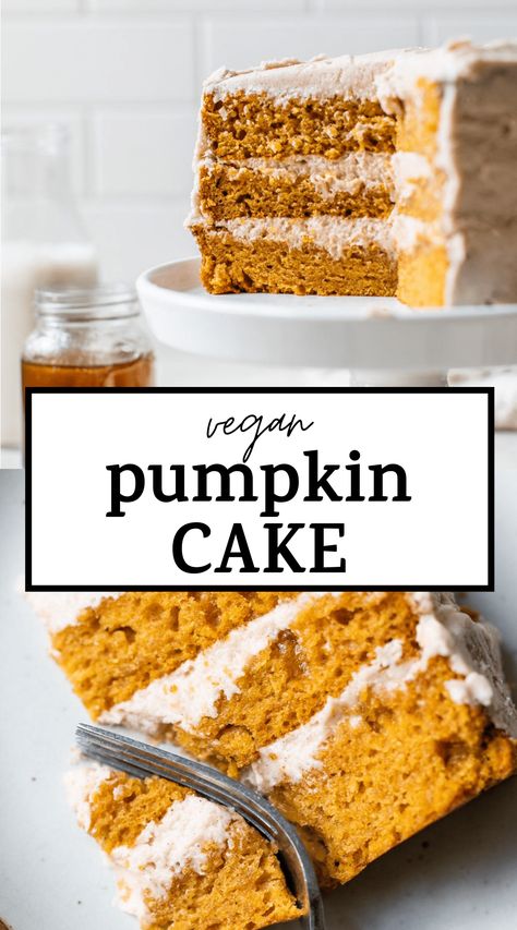 The best VEGAN PUMPKIN CAKE recipe is here! It's incredibly moist, made with easy to find ingredients and topped with a delicious cinnamon buttercream! #cake #vegan #pumpkin #veganpumpkincake Vegan Pumpkin Cake, Vegan Thanksgiving Dessert, Pumpkin Cake Recipe, Cinnamon Buttercream, Vegan Cream Cheese Frosting, Vegan Birthday Cake, Pumpkin Cake Recipes, Vegan Cream, Vegan Thanksgiving Recipes