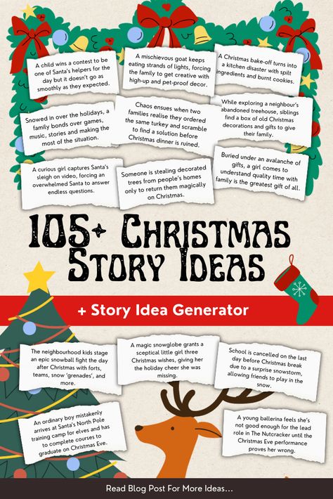 Over 105 Christmas story ideas from humorous mishaps to heartwarming tales of holiday magic. Use the story idea generator to get quick ideas. Christmas Stories For Kids Printable, Christmas Story Prompts, Christmas Story Ideas, Funny Christmas Stories, Story Plot Ideas, Christmas Short Stories, Christmas Stories For Kids, Story Generator, Ladies Tea