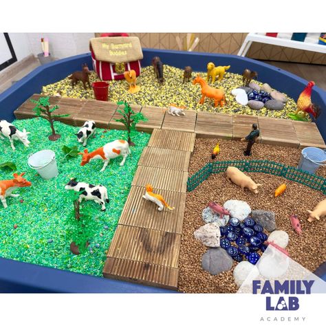 Learn about farm animals with fun sensory bin activity Farm Animals Sensory Bin, Farm Sensory Bin, Play Farm, Zoo Activities, Animal Activities For Kids, Tuff Tray, Pet Day, Small World Play, Animal Habitats