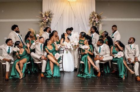 Green And Gold Wedding Theme Bridesmaid Dresses, Emerald Green And Gold Wedding Groomsmen, Champagne Emerald Green Wedding, Emerald Green And Gold Tuxedo, Black Couples Wedding Ideas, Emerald Green Spring Wedding Color Combos, Emerald Green And Gold Wedding Party, Olive Green And Gold Wedding Theme, Green And Gold Wedding Party