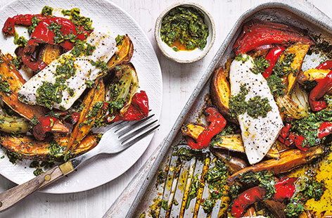 Terrific Traybake Dinner Recipes | Traybake Recipes | Tesco Real Food Chimichurri Fish, Fish Tray Bake, Chimichurri Dressing, Traybake Dinner, Traybake Recipes, Weekday Recipes, Sprouting Sweet Potatoes, Week Meals, Fish Friday