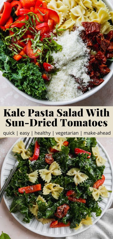 Kale Pasta Salad With Sun-Dried Tomatoes | Walder Wellness, RD Sundried Tomato Pasta Salad, Kale Pasta Salad, Walder Wellness, Tomato Pasta Salad, Sundried Tomato Pasta, Mediterranean Pasta Salads, Winter Salad Recipes, Kale Pasta, Kale Salad Recipes