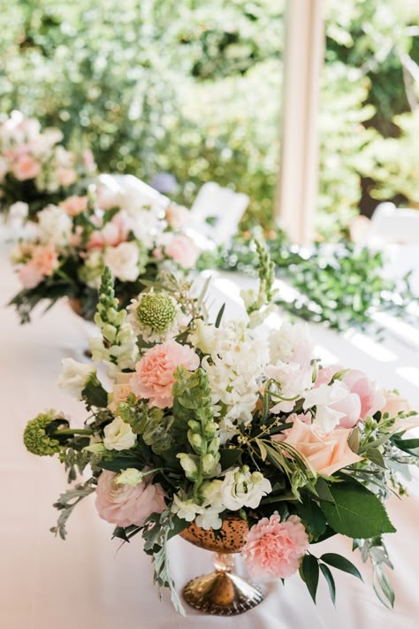 Pink And Sage Floral Arrangements, White Pink Green Wedding Flowers, Pink White And Greenery Wedding Flowers, Blush And Green Wedding Flowers, Green White And Pink Wedding Flowers, Green White Gold Pink Wedding, Pink White Green Flower Arrangements, Blush Sage And Gold Wedding Centerpieces, Light Pink And Green Wedding Flowers