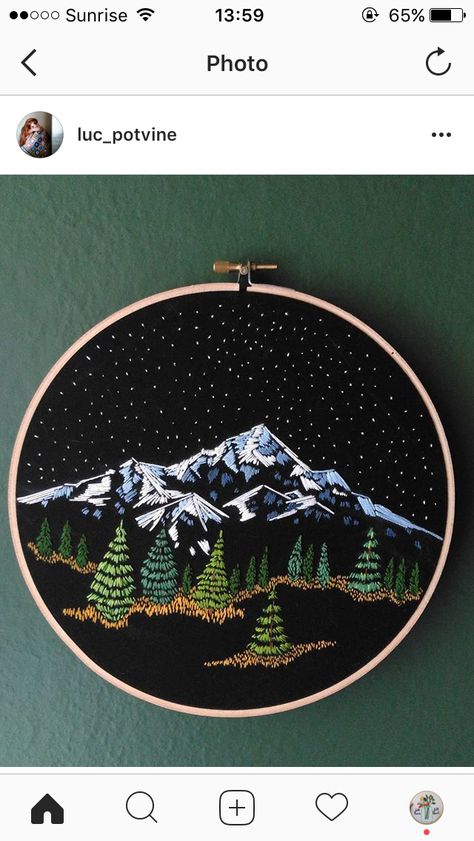 Snowy mountain starry sky pine trees embroidery Mountain Landscape Embroidery, Winter Scene Embroidery, Embroidery Dark Fabric, Embroidered Mountain Scene, Pine Trees Embroidery, Mountain Scene Embroidery, Black Canvas Embroidery, Embroidery Designs On Black Fabric, Embroidery Night Sky