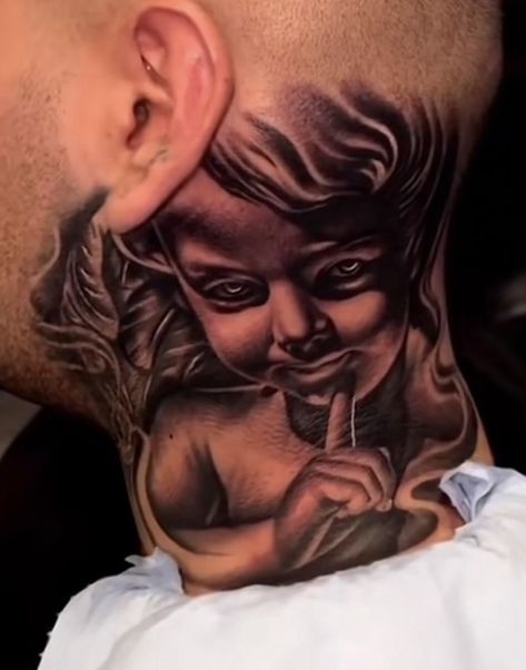 Envy Tattoo, Angel Behind Ear Tattoo Men, Angel Back Of Neck Tattoo, Angel On Neck Tattoo, Angel Tattoo On Neck, Cherub Neck Tattoo, Angel Neck Tattoo For Men, Angelic Neck Tattoo, Moneybag Tattoos On Neck