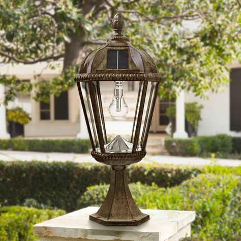 Solar Outdoor Lighting | Lamps Plus Outdoor Lanterns Decor, Driveway Pillars, Inside House Design, Solar Light Ideas, Stone Mailbox, Pecan Orchard, Driveway Lights, Deck Post Lights, Solar Light Bulb