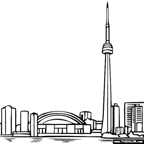 100% free coloring page of CN Tower in Toronto, Ontario, Canada. Color in this picture of the CN Tower and other Famous Places! You can save your colored pictures, print them and send them to family and friends! Toronto Cn Tower, Watercolor Portrait Tutorial, Skyline Drawing, Toronto Skyline, Toronto Ontario Canada, Online Coloring Pages, Famous Places, Graffiti Lettering, Toronto Ontario