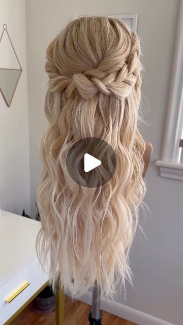 Soft Braids Hairstyles Half Up, Diy Half Updos For Long Hair, High Half Updo Wedding, Braided Half Updo Wedding, Halo Extensions Hairstyles Wedding, Self Done Wedding Hair, Bridal Hair Ideas Half Up, Formal Hair With Extensions, High Volume Half Up Half Down