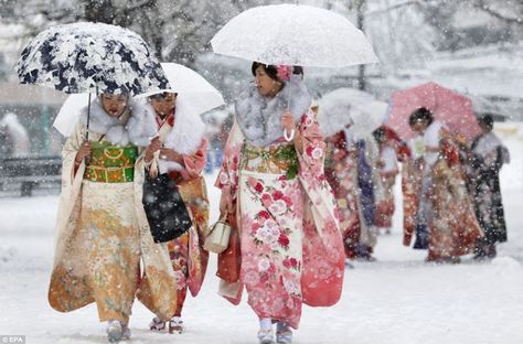 Tokyo's first snowfall of the season disrupted many "Coming of Age Day" ceremonies throughout the capital on Monday, a national holiday to celebrate young Japanese who will turn 20 years old this year. Japan, January 2013, by Kiyoshi Ota (EPA) Coming Of Age Day, Japanese Holidays, Pretty Costume, Traditional Kimono, Pictures Of The Week, Pretty Photos, Sumi E, Photo Images, Coming Of Age