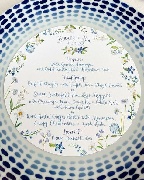 Stationary Inspiration, Spring Peas, April 27, Wedding Signage, Styles Inspiration, Wedding Menu, A Circle, Menu Design, Blue Wedding