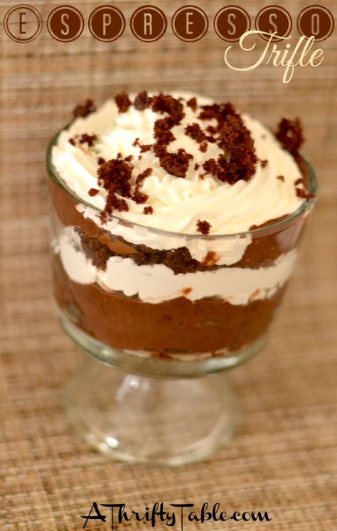 This Espresso Trifle Recipe is fantastic for breakfast, paired with a hot cup of coffee. Coffee Trifle Desserts, Espresso Martini Trifle, Coffee Trifle, S’more Trifle, Dessert Trifles, Bailey's Chocolate Cheesecake Trifle With Chocolate Drizzle, Dessert Trifle, Chocolate Pudding Truffle Brownie Trifle, Hot Cup Of Coffee