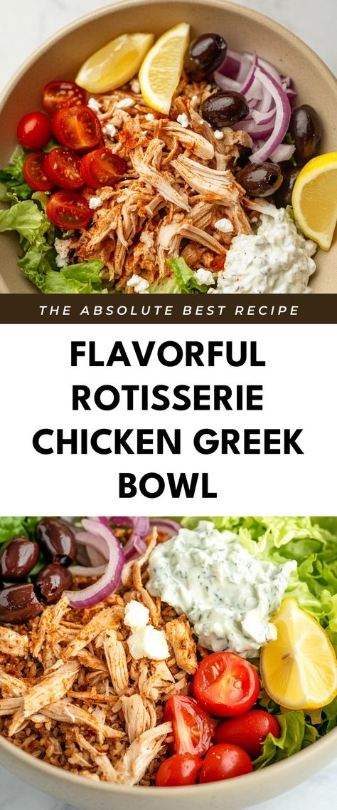 Image for Flavorful Rotisserie Chicken Greek Bowl Protein Chicken Bowl, Pesto Chicken Bowl, Hungry Root Meals, Leftover Rotisserie Chicken Recipes Healthy Low Carb, High Protein Chicken Dinner Recipes, High Protein Rotisserie Chicken Recipes, Rotisserie Chicken Bowl, Gluten Free Rotisserie Chicken Recipes, Rotisserie Chicken Recipes Gluten Free