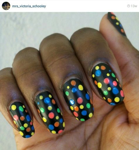 Matte black nails with neon polka dots! Black Nails With Neon, Matte Black Nails, Black Nails, Beautiful Nails, Matte Black, Polka Dots, Nail Designs, Dots, Nail Art