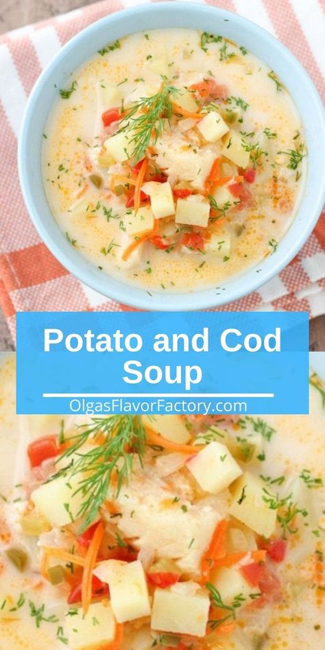 Potato and Cod Soup is such a comforting and delicious soup, full of vegetables that add so much flavor and texture. With onions, carrot, celery, garlic, peppers and tomatoes, they pair so well with the potatoes and the cod. Fish Chowder Recipe New England, Cod Soup, Fish Stew Recipes, Seafood Soup Recipes, Fish And Vegetables, Fish Chowder, Chowder Soup, Fish Stew, Fish Soup