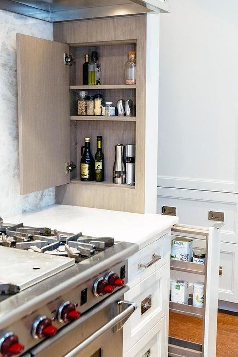 Hidden Spice Rack, Blue Shaker Cabinets, White Marble Backsplash, Chicago Interior Design, Wooden Spice Rack, Inset Cabinets, White Tile Backsplash, White Subway Tile Backsplash, White Subway Tiles