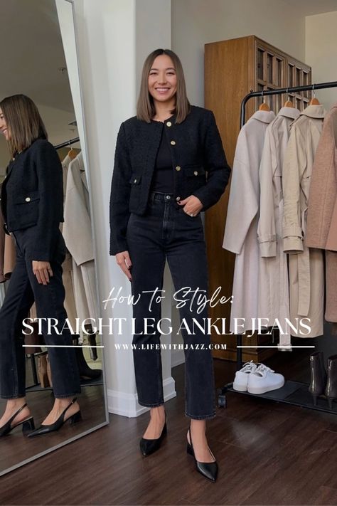 How to Style Straight Leg Ankle Jeans: 3 Outfit Ideas - LIFE WITH JAZZ Straight Leg Ankle Jeans Outfit, Ankle Straight Jeans Outfit, Ankle Jeans Outfit, Black Smart Casual, Life With Jazz, Straight Leg Ankle Jeans, Straight Jeans Outfit, Jeans Outfit Fall, Collarless Jacket