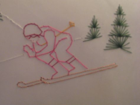 Skiing Skiing Doodles Easy, Ski Line Art, Ski Drawing Simple, Ski Embroidery Design, Ski Christmas Decor, Skiing Embroidery, Ski Embroidery, Cross Stitch Skiing, Ski Card