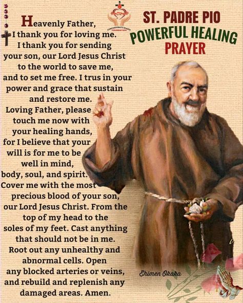 Padre Pio Prayer, Catholic Saints Prayers, Prayer Poster, Prayer For The Sick, Catholic Prayers Daily, St Padre Pio, Sending Prayers, Catholic Beliefs, Healing Prayer