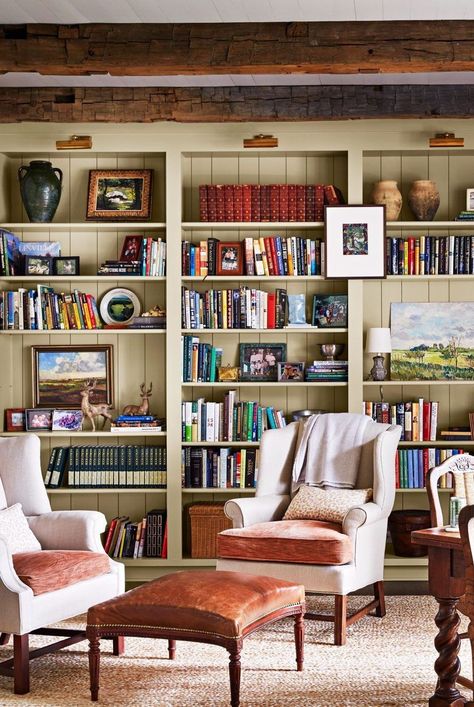 Eclectic Built Ins, Rustic Bookshelves Wall, Old Built In Bookshelves, Old House Living Room Remodel, Rachel Halvorson Design, English Country Bookshelves, How To Make A New Build Cosy, Family Room Bookshelves, Built In Shelves Library