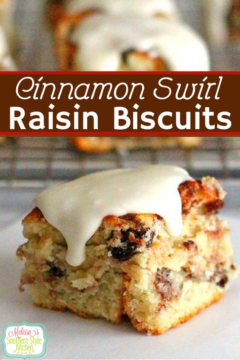 Start your morning with these Cinnamon Swirl Raisin Biscuits #cinnamonraisinbiscuits #raisinbiscuits #southernbiscuits #biscuitrecipes #raisins #brunch #breakfast #holidaybaking #cinnamonbiscuits #southernfood #southernrecipes via @melissasssk Raisin Biscuits Recipe, Raisin Biscuits, Southern Style Kitchen, Melissas Southern Style Kitchen, Cinnamon Biscuits, Cinnamon Icing, Southern Biscuits, Bisquick Recipes, Biscuit Bread