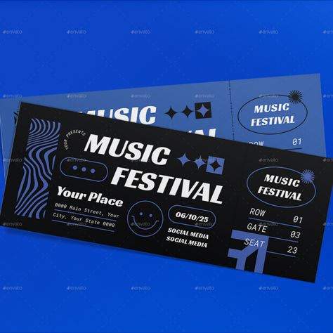 Flat Simple Modern Music Festival Ticket Film Ticket Design, Festival Tickets Design, Music Festival Ticket Design, Ticket Design Ideas Creative, Music Ticket Design, Concert Tickets Design, Festival Ticket Design, Concert Ticket Design, Event Ticket Design