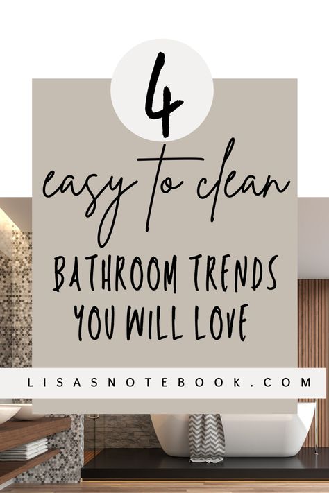 Cleaning the bathroom can be such a chore and can be hard to keep clean sometimes. I have compiled a list of the best 4 bathroom trends that you will love but are also simple and easy to keep clean. Click to read and see how you can change your cleaning routine for your bathroom. #bathroom #bathroomideas #cleaning #cleaningtips #cleaningtricks Bathroom Ideas Easy To Clean, Easiest To Clean Bathroom Design, Shower Remodel Easy To Clean, Easy To Clean Tiles For Bathroom, Easy To Clean Bathroom Flooring, Shower Tile Ideas Easy To Clean, Easy Clean Shower Tile, Easiest Shower Tile To Keep Clean, Simple Beautiful Bathrooms