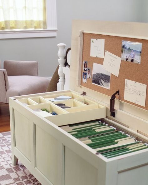 Turn a chest or bench into an elaborate filing cabinet. | 42 Storage Ideas That Will Organize Your Entire House Office Organization Tips, Mini Office, Ideas Para Organizar, Diy Casa, Office Crafts, Furniture Hacks, Home Office Organization, Office Storage, File Cabinet