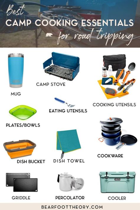 Best Camp Cooking Kitchen Essentials for Road Tripping - Bearfoot Theory Camping Cooking Gear, Camping Gear Storage, Camping Gear List, Camping Essentials List, Camping Diy, Cooking Kit, Camping Must Haves, Camping Storage, Kitchen Gear