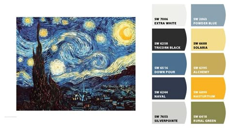 ColorSnap by Sherwin-Williams – ColorSnap by Jeannine K. Van Gogh Colour Palette, Starry Night Colour Palette, Starry Night Wedding Van Gogh, Van Gogh Color Palette, Starry Night Color Palette, Starry Night Palette, Van Gogh Palette, Starry Night Room, Van Gogh Bedroom