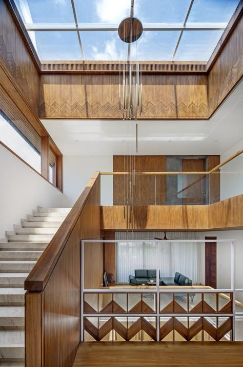 House Design Creates Balance Between Solid And Void| Between Spaces - The Architects Diary Railings Design, Modern Skylights, Skylight Design, Ceiling Design Ideas, Light System, House Design Pictures, Staircase Railings, Glass Roof, Space Architecture