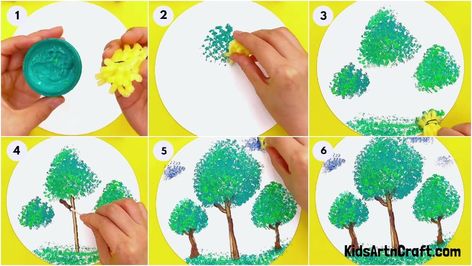 Realistic Tree Landscape Stamp Painting Using Fruit foam Cotton Bud Painting, Bud Painting, Easy Painting For Kids, Stamp Painting, Painting Realistic, Cotton Painting, Foam Stamps, Best Nature Images, Brown Painting